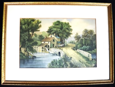 Framed Colored Print after Currier and Ives Titled the Roadside Mill