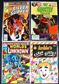 Four Comics books, The Silver Surfer, GHOSTLY TALES, Worlds Unkown and Archie's