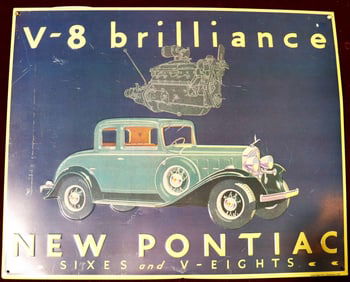 Vintage Metal V-8 Brilliance New Pontiac Sign by AAA Sign Co Coitsville Ohio