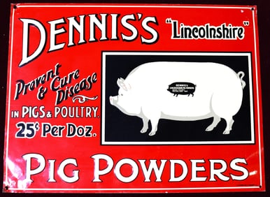 Vintage DENNIS'S "LINCOLNSHIRE" PIG POWDERS TIN SIGN