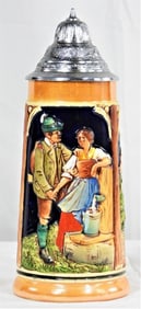 Vintage Lidded Beer Stein, with Hand Painted Scene