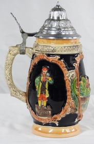 Vintage Lidded Beer Stein, with Hand Painted Scene