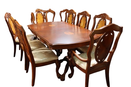 Rectangular dining table with extension with six matching chairs and two armchairs