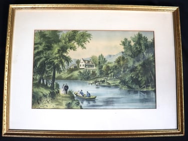 Framed Colored Print after Currier and Ives Titled the River Side