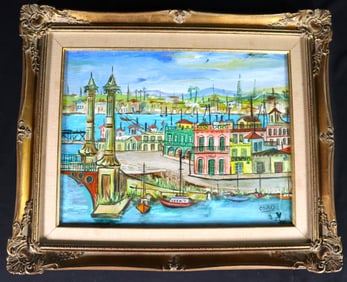 Framed Oil on board signed OSVALDO GUITIERREZ (1917-1997, Cuba) Havana Landscape