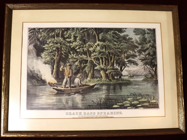 Framed Black Bass Spearing Print, on the Restigouche New Brunswick