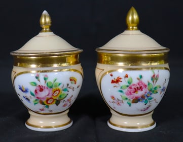 Pair of Vintage Pot De Creme from France Porcelain Gold Floral Lid