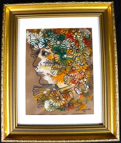 Framed Mixed Media Gouache and watercolor on paper Signed Rene Portocarrero (Cuban, 1912-1985) and