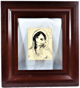 Framed charcoal on paper signed Victor MANUEL Titled Mujer con Panuelo