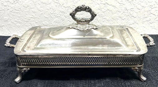Anchor Hocking Silver Plate Server Stand with pierced gallery rim and a lid