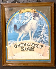 Framed Vintage Nordik Wolf Light beer advertising mirror