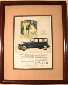 Framed Vintage Advertising for a Packard car, dating to 1927. Titled "Prestige,"