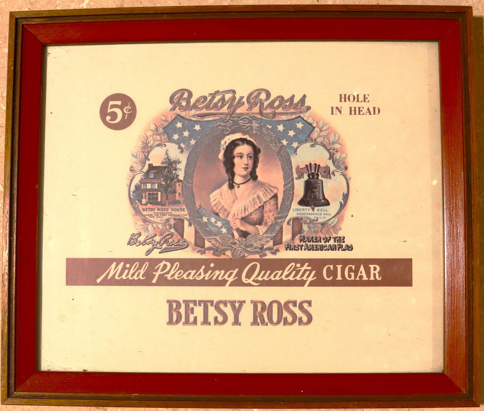 Framed Vintage cigar box label for "Betsy Ross Hole in Head" (1 of 3)