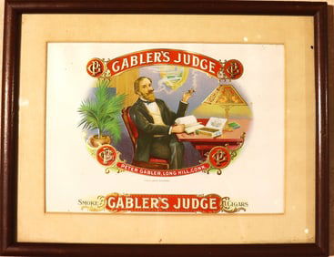 Framed Vintage cigar box label, from the Gabler's Judge cigar company