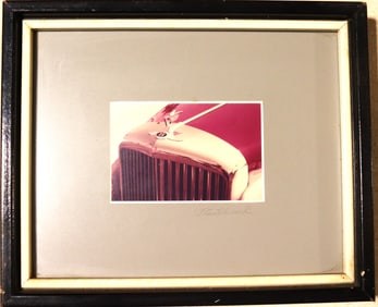 Framed Vintage photograph depicts the grille and the "Flying B" hood ornament of a vintage Bentley