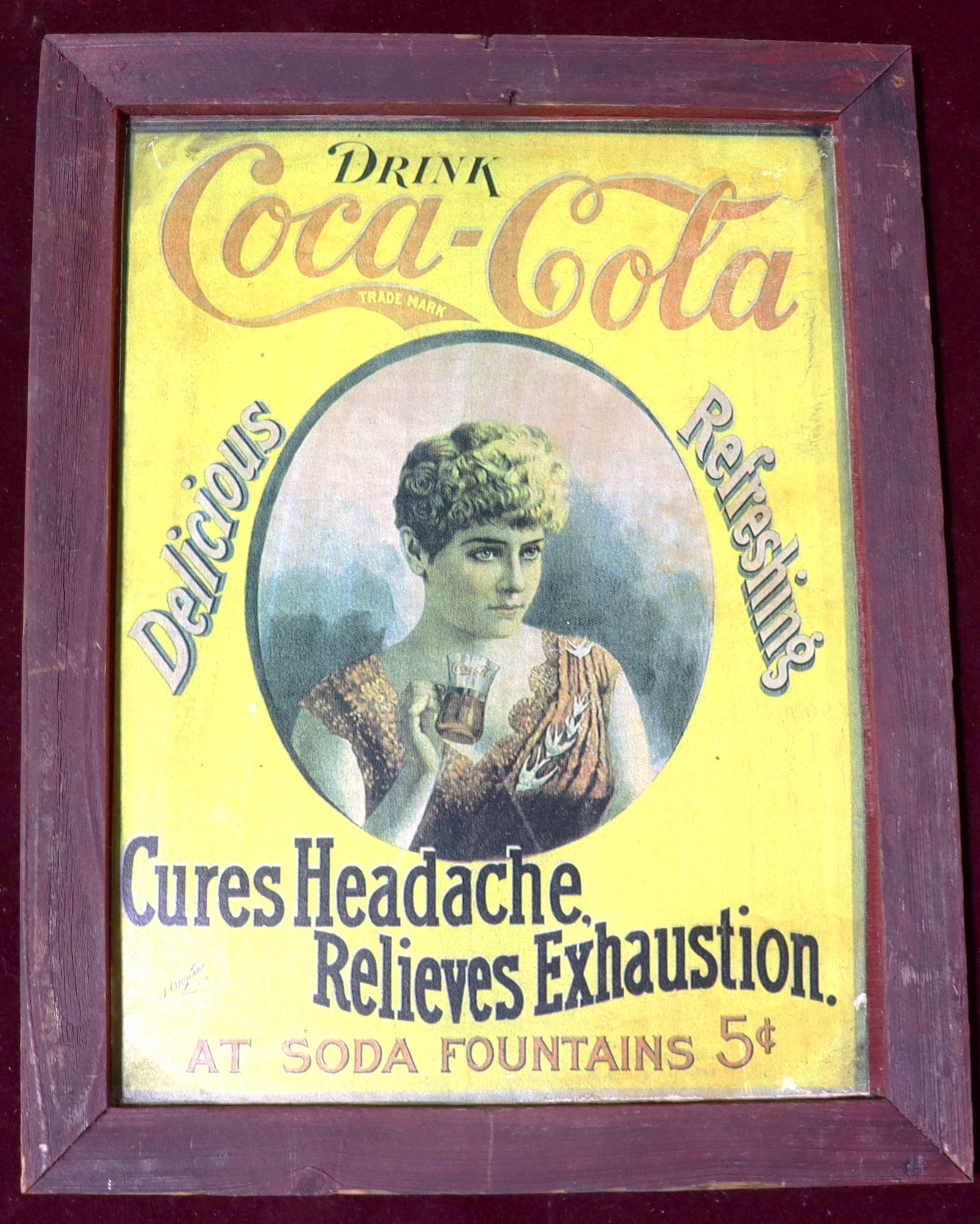 vintage wood sign Coca-Cola advertisement, notable for its claim: "Cures Headache Relieves (1 of 4)