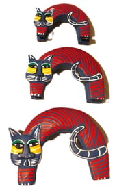 Set Three of hand-carved and painted wooden cat figurines in the distinctive folk-art style of