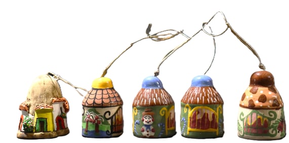 Set of Five handmade pottery miniature house bells used as home decorations or hanging ceramic