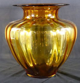 LARGE AMBER GLASS VASE, FLUTED SIDES