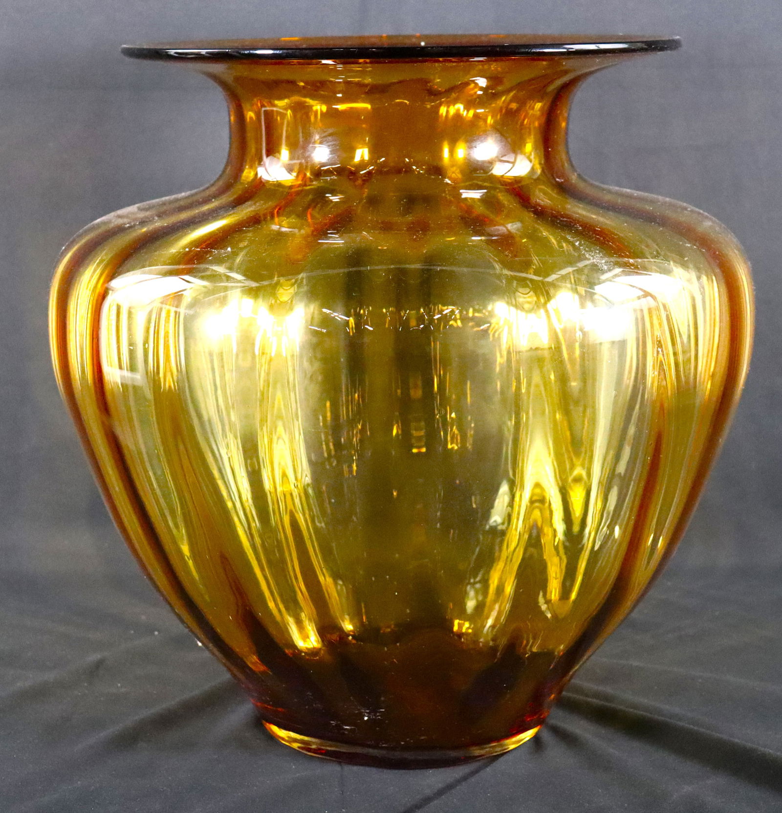 LARGE AMBER GLASS VASE, FLUTED SIDES (1 of 3)