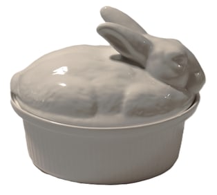 Vintage white ceramic rabbit covered casserole dish or soup tureen