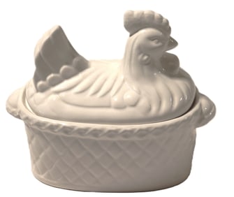 Vintage Country French White Ceramic Chicken in Basket Gravy Boat Bowl Farmhouse