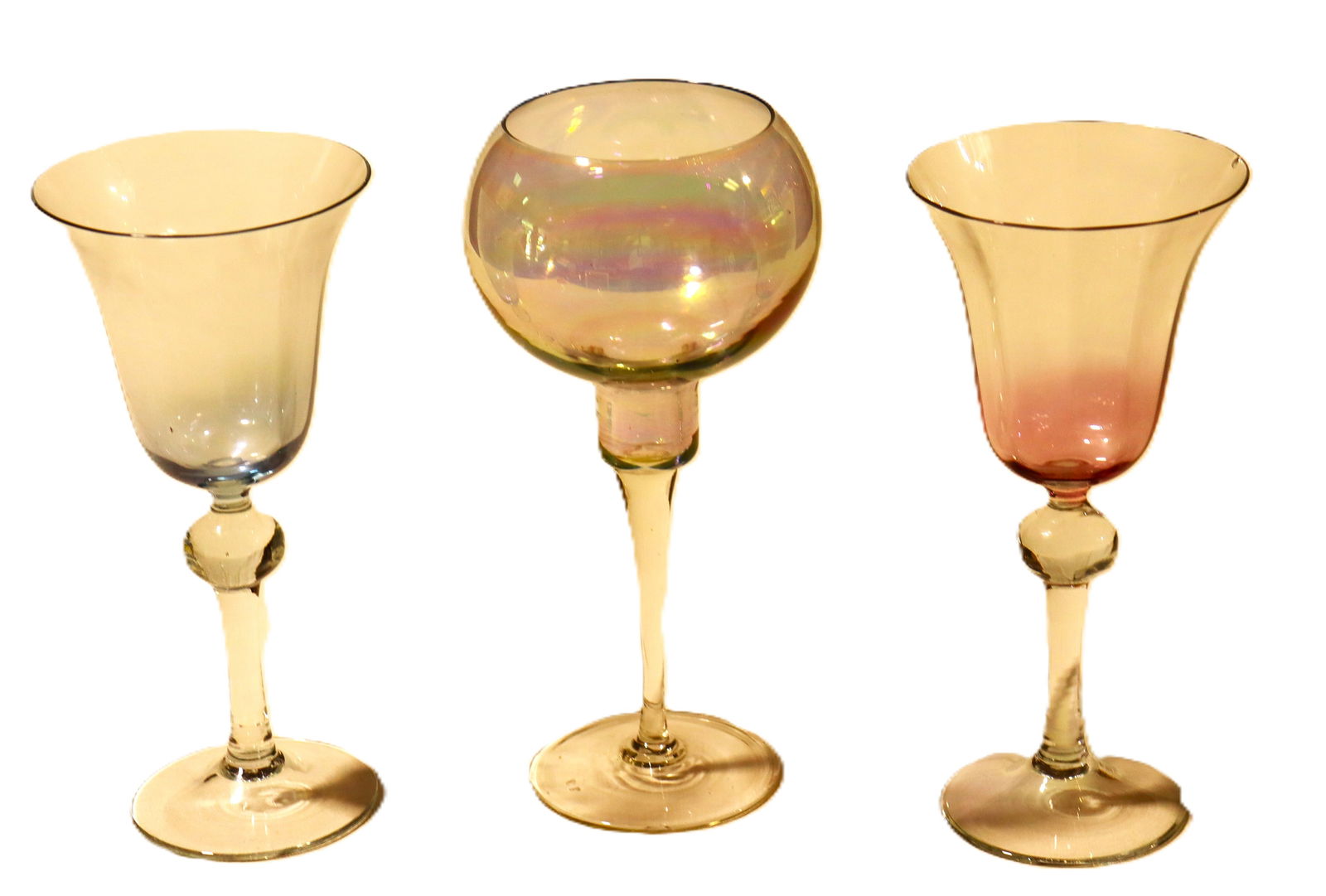 Three Colored glass goblets, wine glasses: Three Colored glass goblets, wine glasses, these glasses are characterized by their tall, clear stems with a prominent spherical or lobulated knob, and flared, colored or iridescent bowls DIMENSI