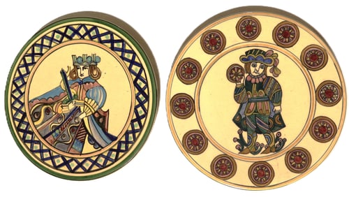 Two hand-painted ceramic plate or wall tile featuring a figural design inspired by a playing card,