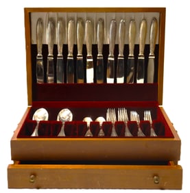 Service Set 50 pcs by Christofle France "Rubans" silver-plated flatware in a wooden storage case.