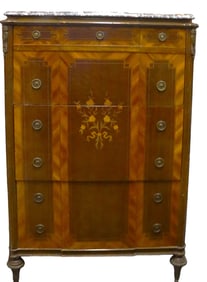 Louis XVI style tall chest of drawers with marble on the top