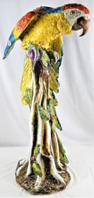 Extra-large 20th century Italian ceramic sculpture of Macaw perched on tree stump base