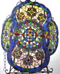 Large Oval Victorian Style Kaleidoscope-Stained Art Glass Window Panel