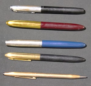 Displays a collection of 5 vintage fountain pens, Ballpoint, pencil as various models