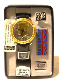 NOS 1968 Brittania vintage men's quartz watch featuring a John F. Kennedy half dollar coin with Box