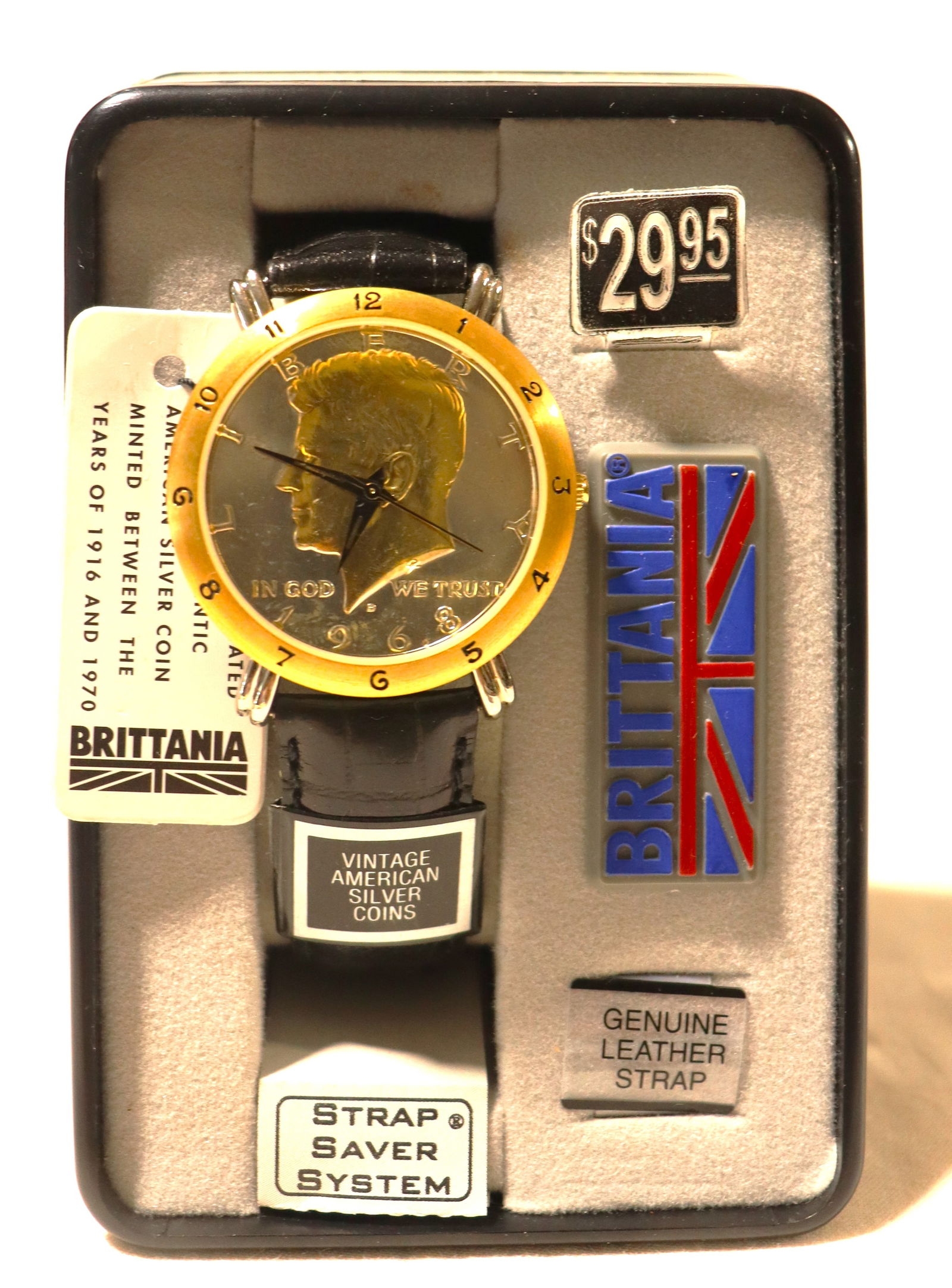 NOS 1968 Brittania vintage men's quartz watch featuring a John F. Kennedy half dollar coin with Box (1 of 7)