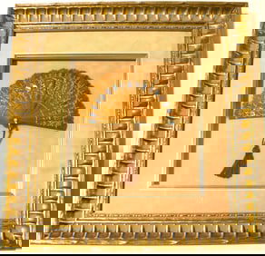 Framed vintage wooden folding hand fan featuring intricate mother-of-pearl inlays