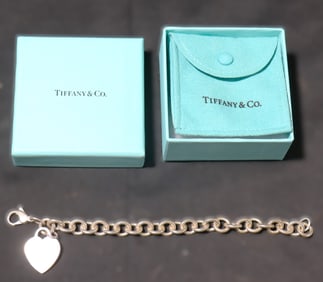 Tiffany & Co Sterling Silver 925 Link Choker Bracelet with Lobster Claw Clasp and Blank Heart Charm