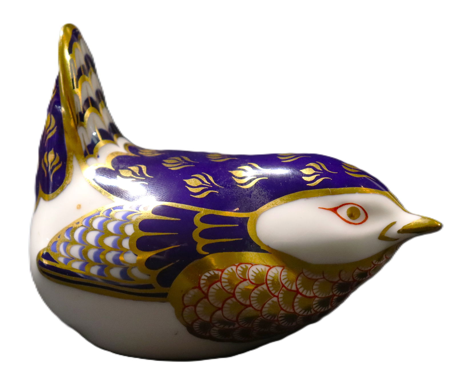 Vintage Royal Crown Derby bird paperweight,: Vintage Royal Crown Derby bird paperweight, likely a robin or a wren, hand-decorated in the traditional Imari pattern. The decoration features the classic Imari palette of cobalt blue, iron red,