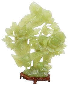 Jade carving 2 birds and a rose with a wood stand