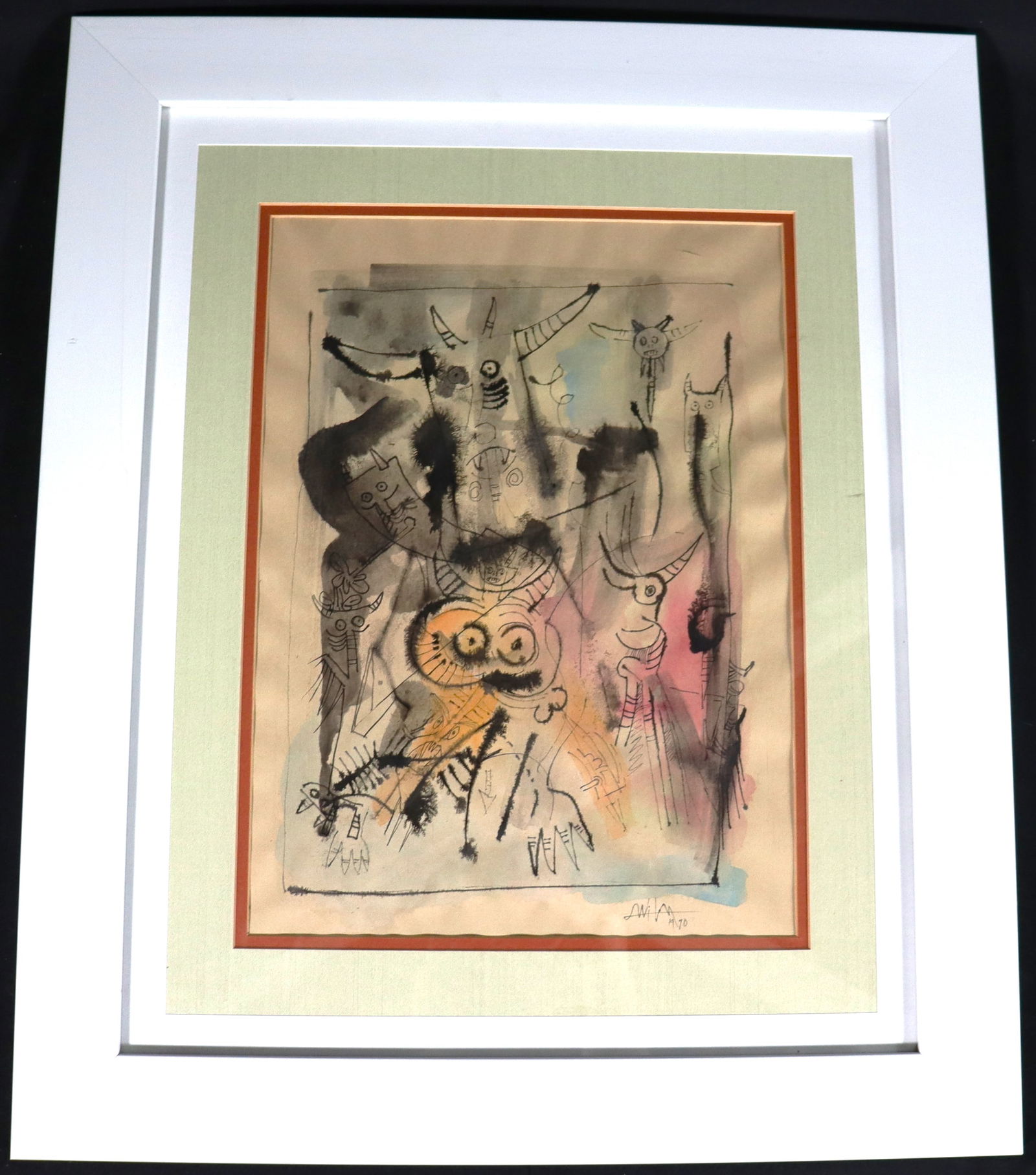Framed Mixed media on paper signed Wilfredo Lam and dated 1970: Framed Mixed media on paper signed Wilfredo Lam and dated 1970 lower right Wilfredo Lam (1902-1982 Cuban) We do not have a COA for this piece and is therefore being sold in the manner of&n