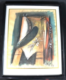Framed Mixed media on paper signed Wilfredo Lam and dated 1973 lower right