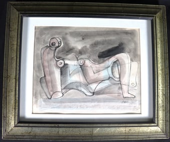 Framed Watercolor and ink on paper signed Framed Mixed Media on Paper signed Henry Moore