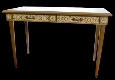 Neoclassical-style Metallic painted console table with two drawers and gilt (gold) accents.