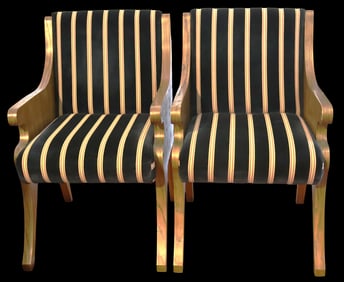 Two Vintage black and gold striped armchairs Empire or Regency style,