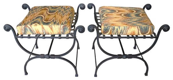 Pair of throne chairs made of heavy burnished iron. Thick cushion set on the strong frame.