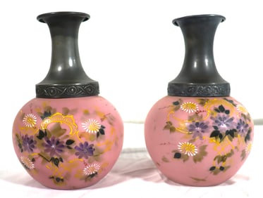 Pair of Victorian MT WASHINGTON Style Pink Satin Glass Vases