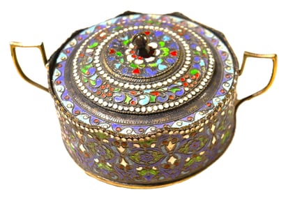 Antique brass and enamel sugar bowl,