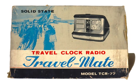 Vintage Travel-Mate Model TCR-77 solid-state travel clock radio.
