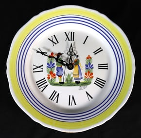 French Quimper Henriot Wall Clock Scalloped Man Woman Battery Operated Works
