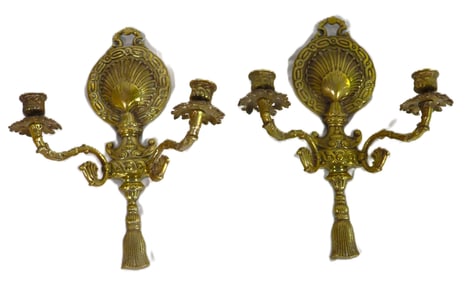 Vintage Pair Cast Brass Wall Mount Candlestick Sconces Heavy Solid and Ornate